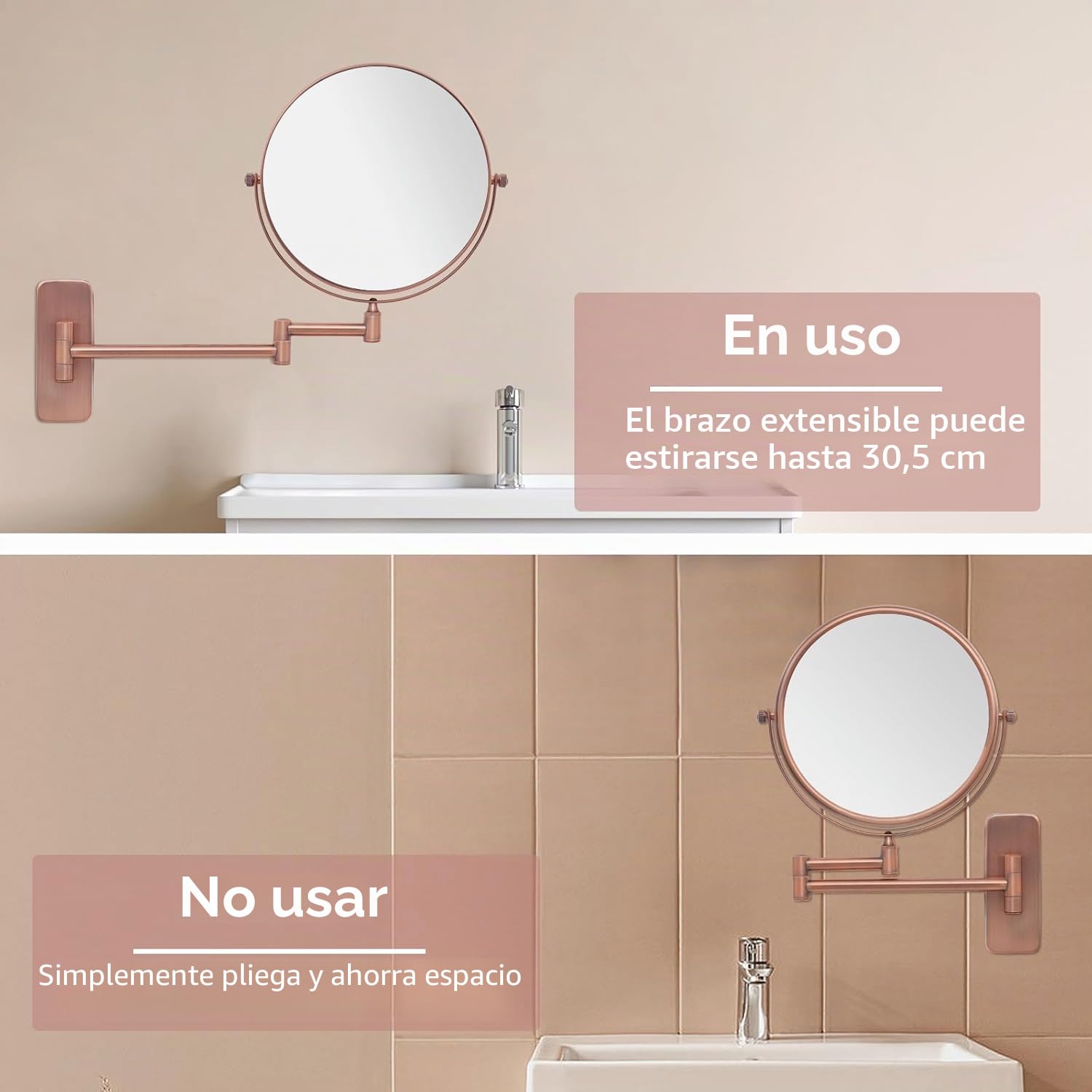 Nicesail Espejo de maquillaje para pared, color oro rosa mate, con aumento, 10 aumentos, espejo de aumento para baño, espejo de afeitar extensible, diámetro 20 cm