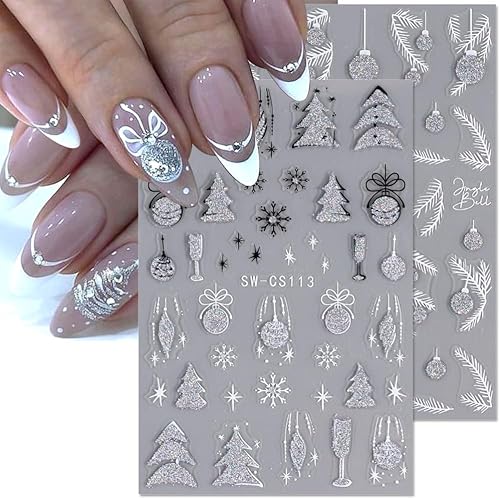 Miniatura 7 de Dornail Calcomanías de uñas con purpurina navideña, 4 hojas de árbol de Navidad, cascabel plateado, hoja de pino, copos de nieve 3D, calcomanías de