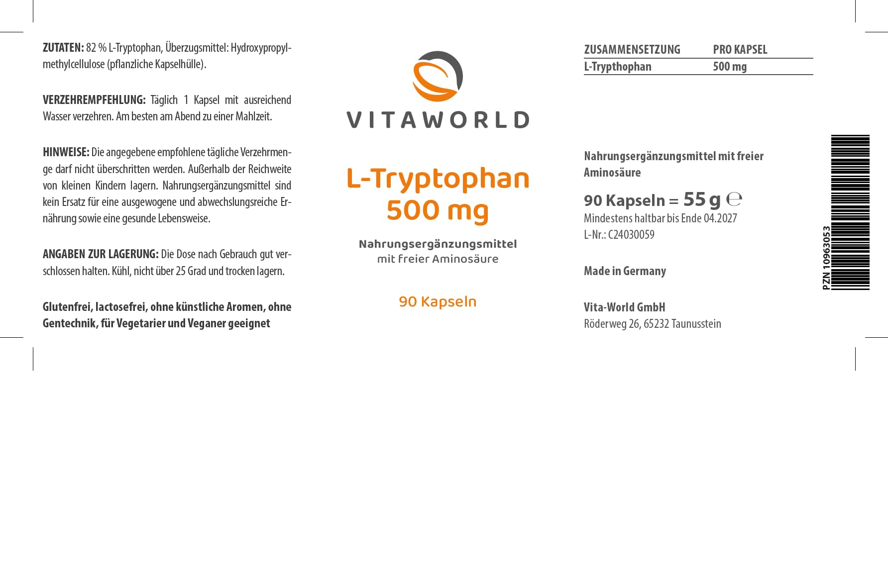 Title Pack of 3 Vita World L-Tryptophan 500mg 3 x 90 capsules vegan pharmacist production