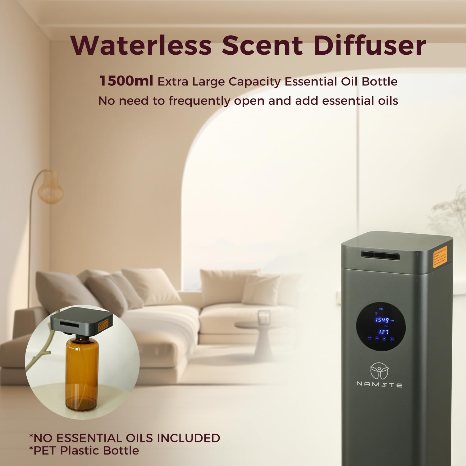 Difusor de aceite esencial de 25 pulgadas para habitación grande, difusor sin agua de 1500 ml, cobertura de 4000 pies cuadrados, tecnología de difusor de aire frío, control táctil y Bluetooth para