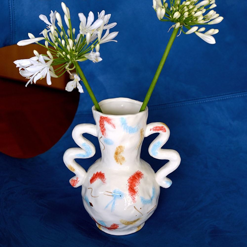Jarrón de cerámica Jarrón de cerámica Doble Oreja Pintado a Mano, decoración del hogar, florero for arreglos Florales Artificiales Frescos Florero