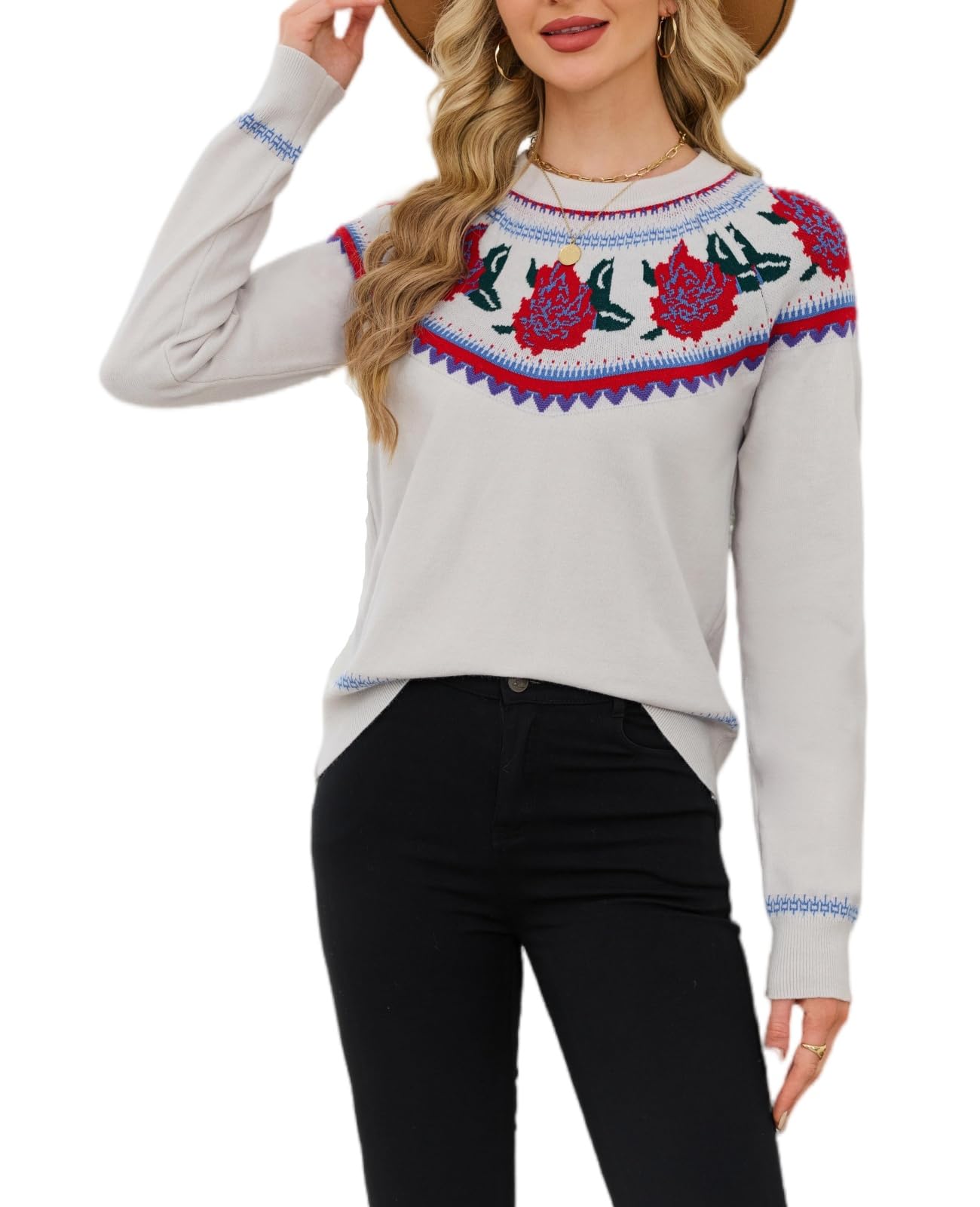 Womens Christmas Floral Knit Sweater Long Sleeve Pullover Winter Crewneck Jumper Holiday Casual Tops