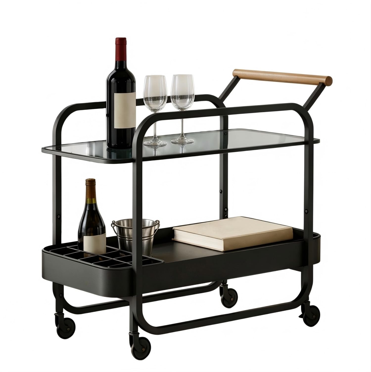 Chariot de Bar 2 Niveaux, Table Roulante pour Boissons avec Plateau en Verre Trempé et Porte-Bouteilles, Bar Roulant avec Roues Freinables, Chariot de Rangement pour Cuisine, Salon, Noir