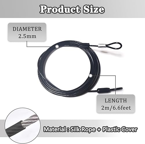 Miniatura 8 de Cuerda de cable con doble bucle, bloqueo de cable de seguridad, cable de seguridad recubierto de vinilo de acero, bloqueo de equipaje de 3.3 pies x