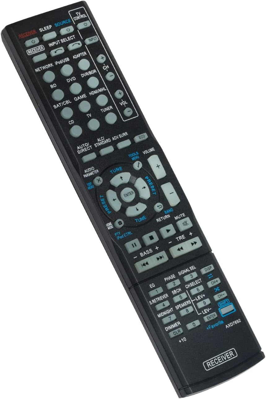 Front view of the AIDITIYMI AXD7692 remote control, showing all buttons and their labels.