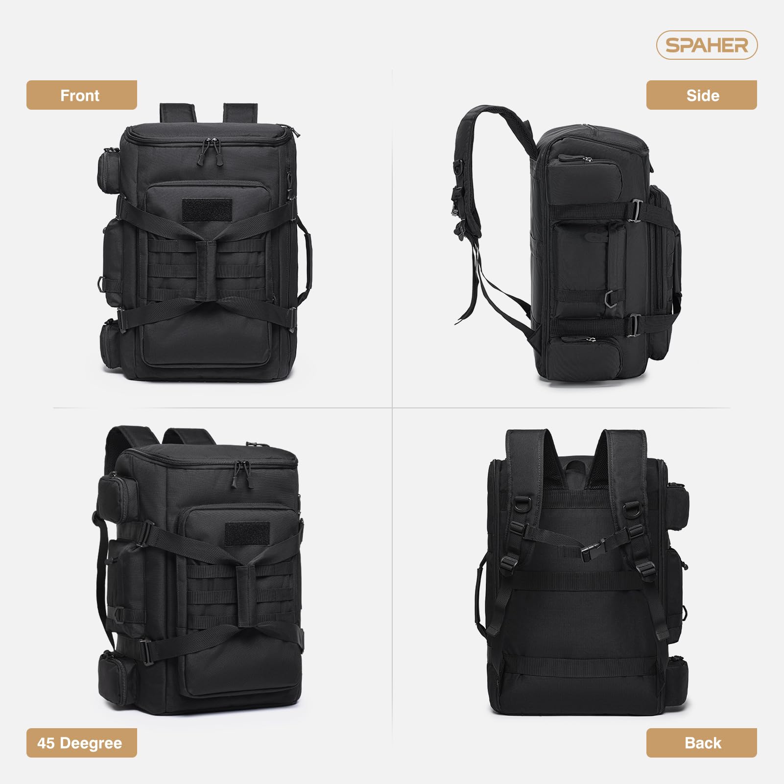 SPAHER 50L Sac à Dos Voyage Randonnée Tactique 55x35x25 Bagage Cabine Air France KLM Sac à Dos Cabine Avion Imperméable Grande Bagage à Main Femme Homme pour Trekking Sport Camping, Nior