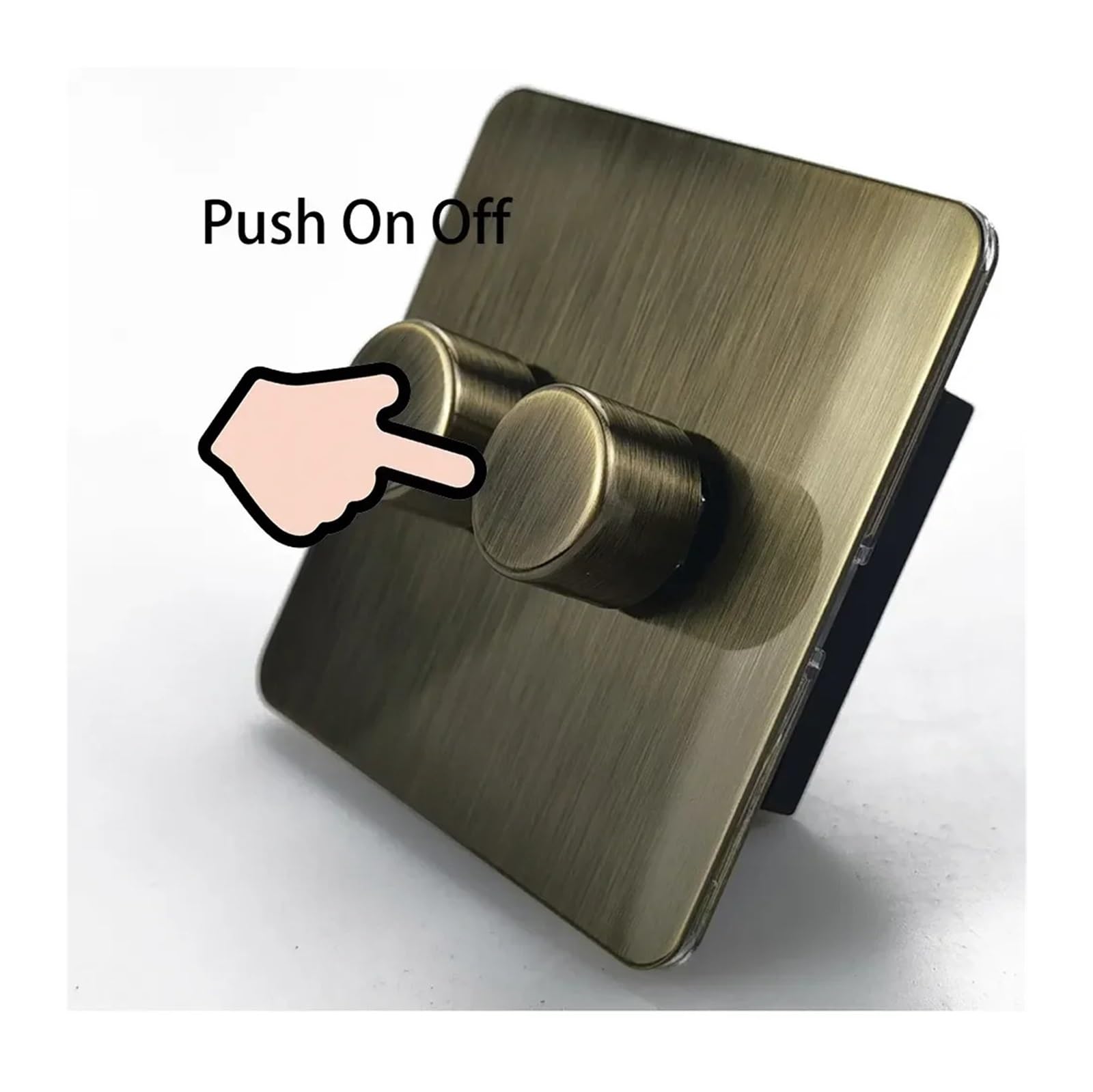 Interruptor de pared WALLPAD con regulador de intensidad, disponible en 1, 2, 3 o 4 posiciones. Perilla moleteada. Panel de acero inoxidable de 2 vías. Placa retro en bronce antiguo.