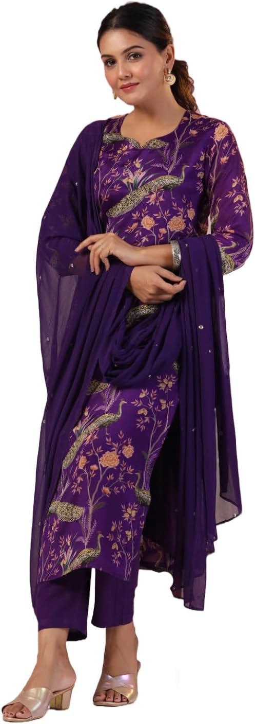 GoSriKi Women's Rayon Blend Printed Straight Kurta with Pant & Dupatta (Geto Blue-NW-GS_L_Blue_Large)