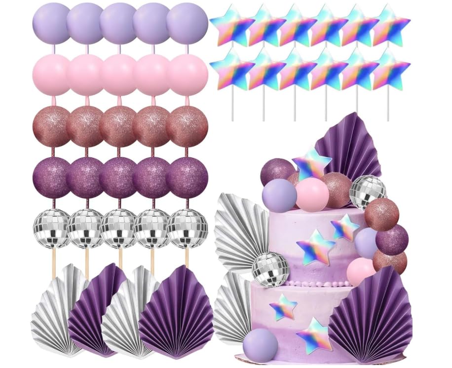 Disco Balls Cake Toppers-Dancing Queen Cake Topper Purple Palm Leaves Cake Decoration Balls Cake Decoration Singer Stars Purple Butterfly Balls Cake Supplies for Birthday Party Decoration