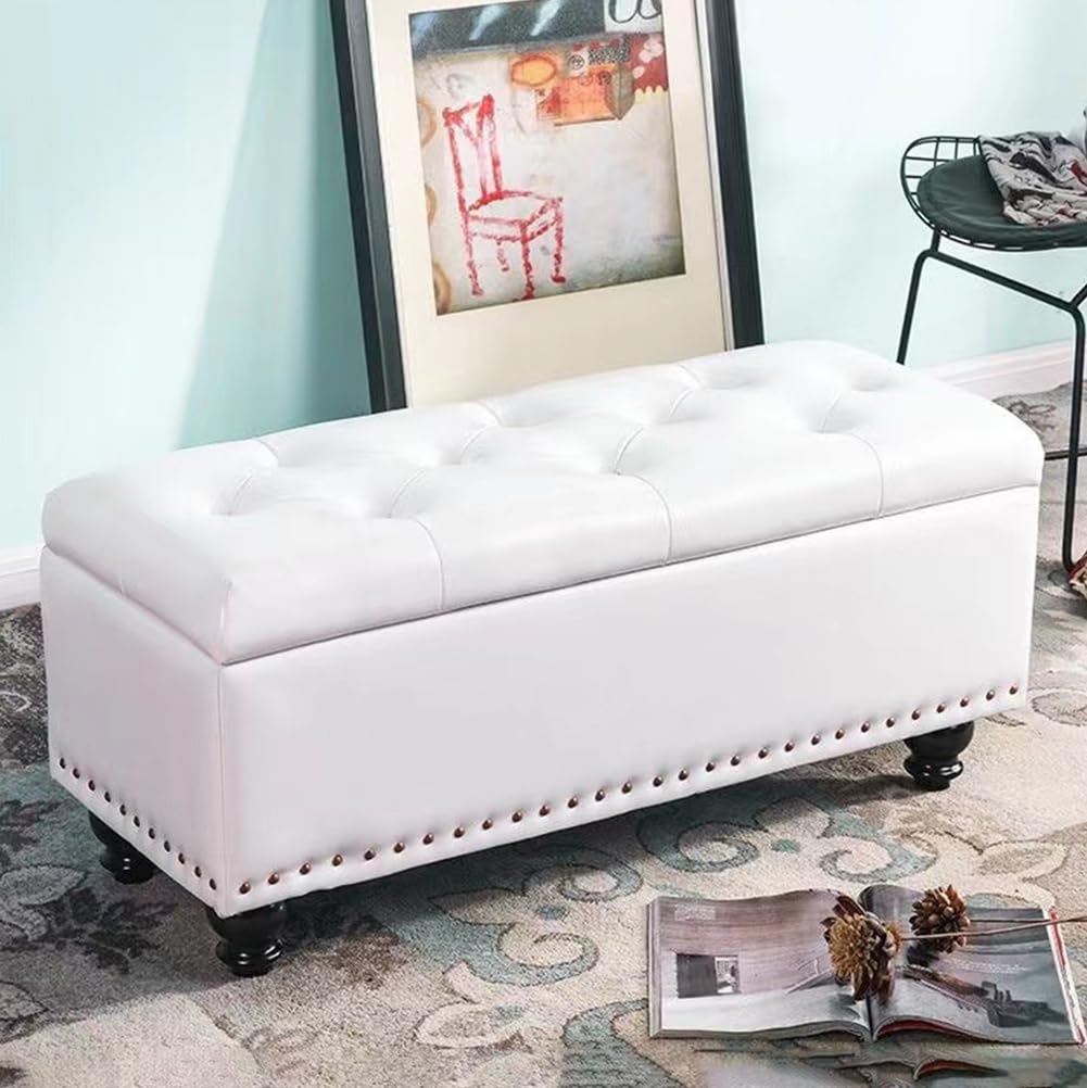 Tabouret de rangement en cuir PU blanc 40x40x45cm pour salon et couloir