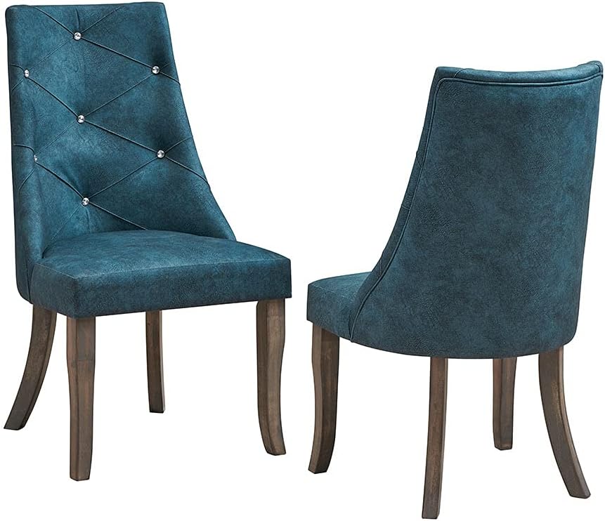 Kings Brand Furniture - Elmer Crystal-Tufted Upholstered Fabric Dining Room Chairs, Set of 2, Blue