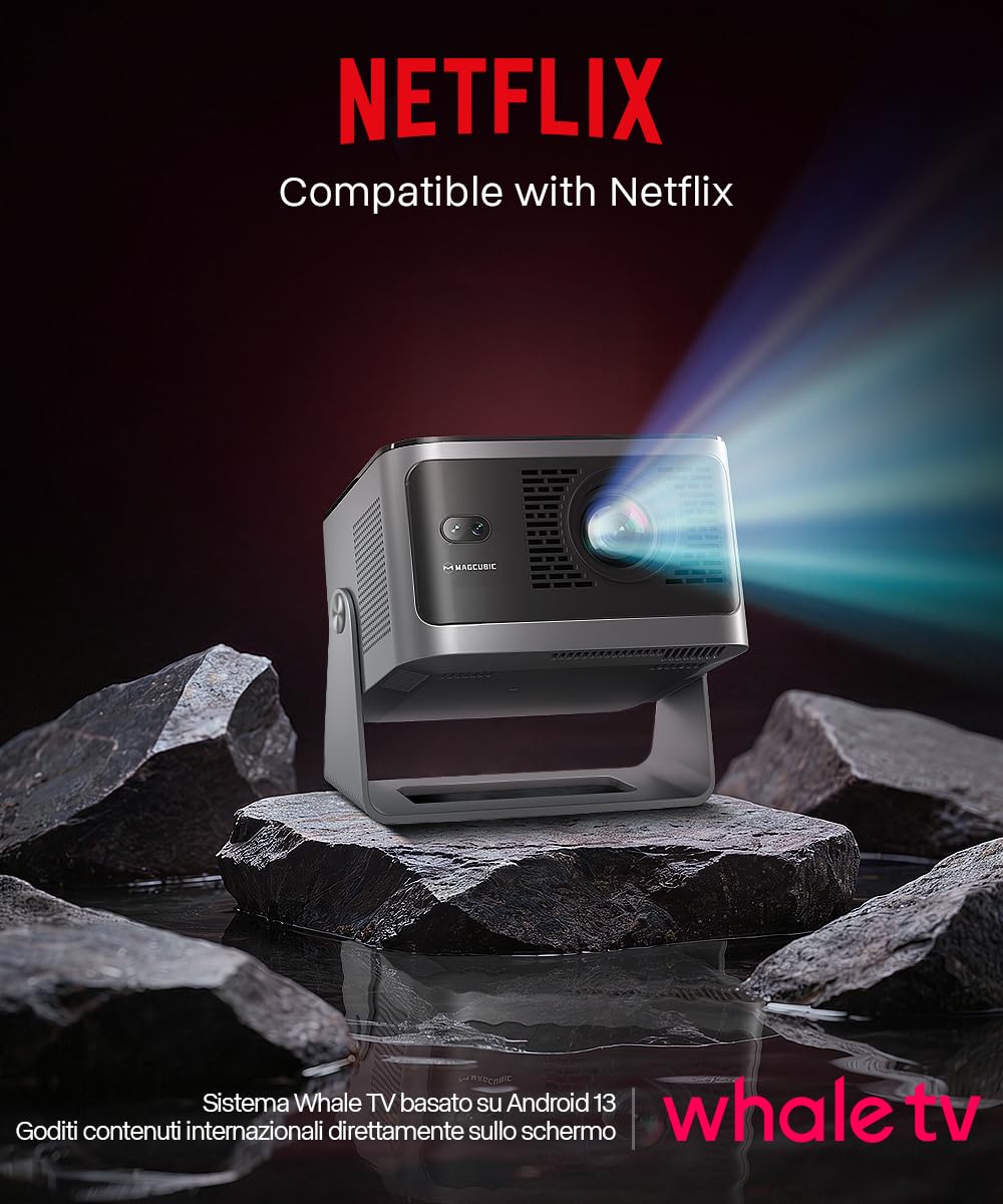 Magcubic Mini proiettore 4K【Compatibile con Netflix】1080P Nativo,600 ANSI | Auto Focus e Keystone, WiFi 6 & Bluetooth, Proiettore portatile Home Cinema per Camera e Esterno HY350NTV
