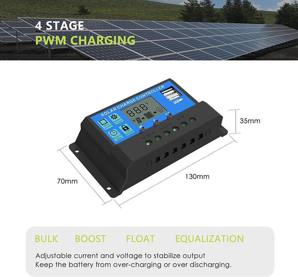 PWM-Solarladeregler 20A – 12V/24V Automatisch, LCD, 2x USB, Für Wohnmobil, Boot & Inselanlagen