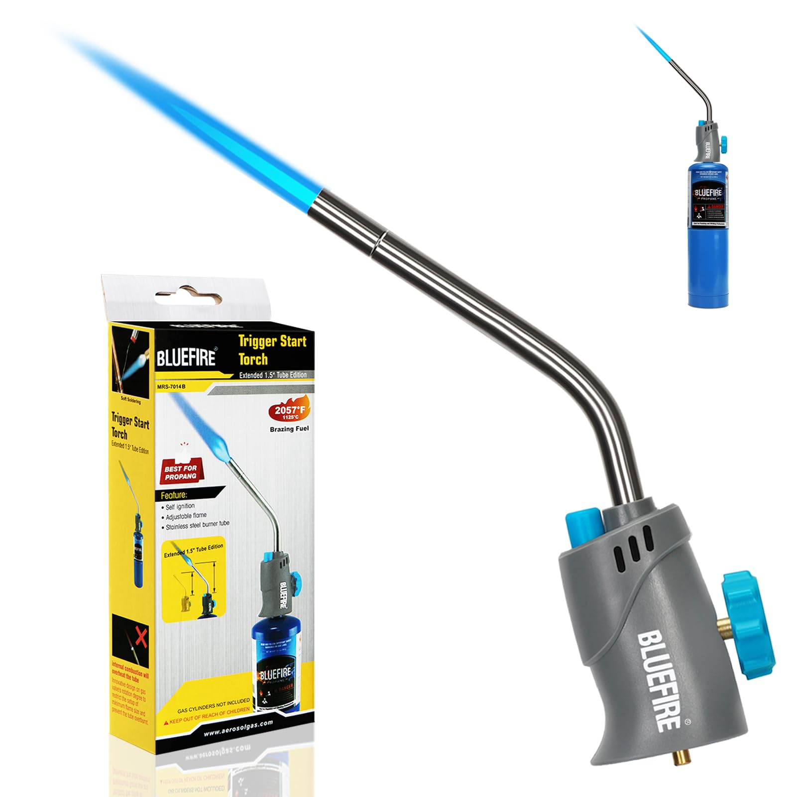 BLUEFIRE MRS-7014B Trigger Start Gas Welding Torch Head for Propane & MAP PRO Fuel,Extend 1.5" Burning Tube Nozzle Piezo Self Ignition Handhold Cylinder Soldering Brazing Triple-Point Flame