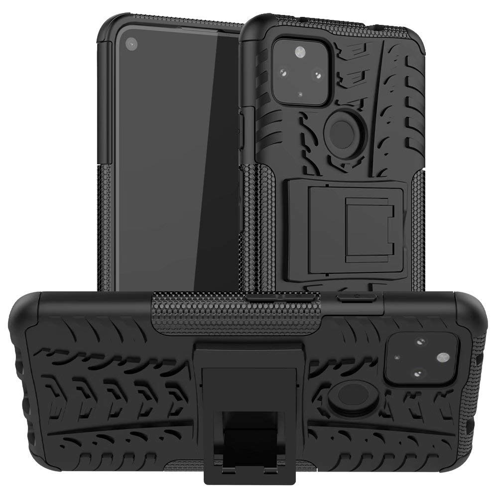 Pixel 4a 5G Case, Dazzle Tire Tread Pattern Heavy Duty Shockproof TPU Hybrid Hard Tough Rugged Armor Back Cover Case Kickstand for Google Pixel 4a 5G (Black)