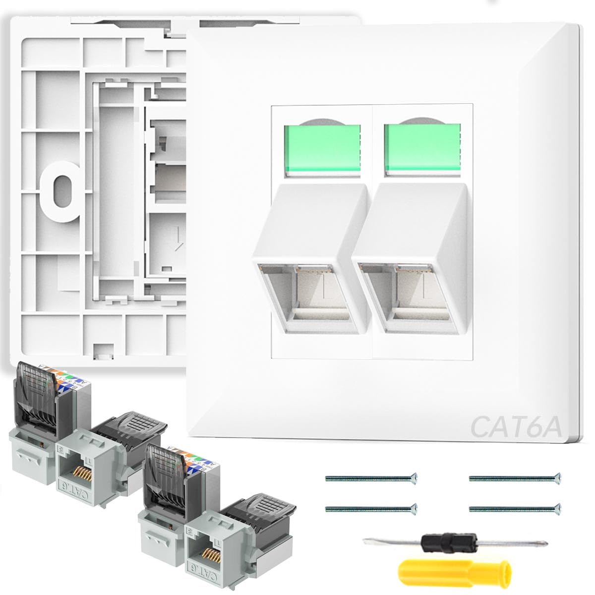 Acmerota RJ45 2Port Ethernet Wall Socket Cat6A Ethernet Socket Angled Port Ethernet Faceplate RJ45 Wall Sockets Cat6A,Fast Connection,Stable Internet Speed,with 4Pcs Tool-Free Keystones Jack Modular