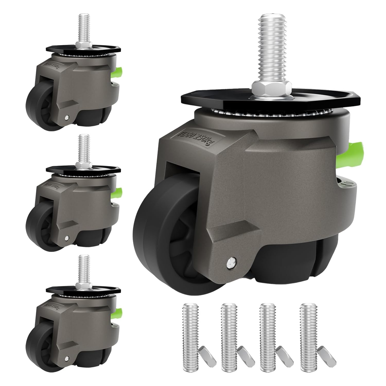 4-Pack Heavy Duty Retractable Leveling Stem Casters - 1/2" & M12 Stem Sizes, 2200 Lbs Total Capacity, Adjustable with Ratchet Handle - Ideal for Workbench, Machine, Equipment