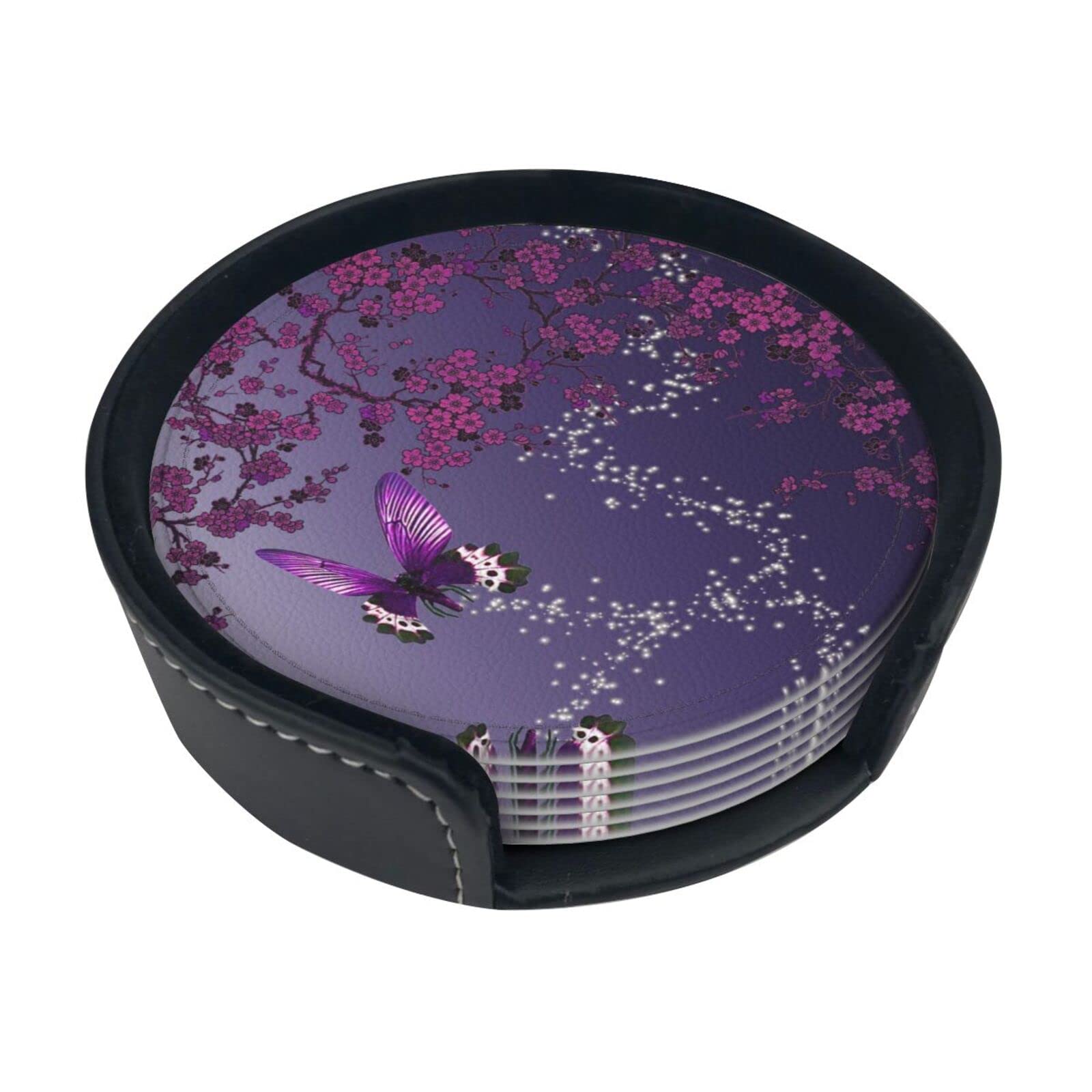 Alteko Purple Plum Butterfly Coasters Set Of 6 Print Leather Coasters For Drinks,Home Décor And Housewarming Gift