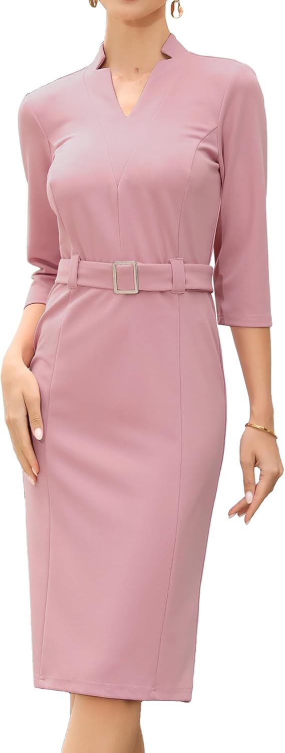 Allegra K Work Dresses for Women 3/4 Sleeve Stand V Neck Knee Length Elegant Dressy Casual Sheath Dress with Belt