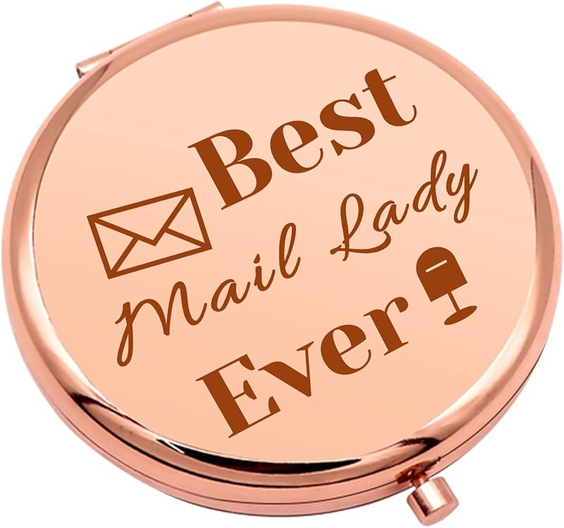 Espelho compacto dobrável Mwphuy para maquiagem, tema profissional de entregas postais, moldura rose gold, 1 unidade