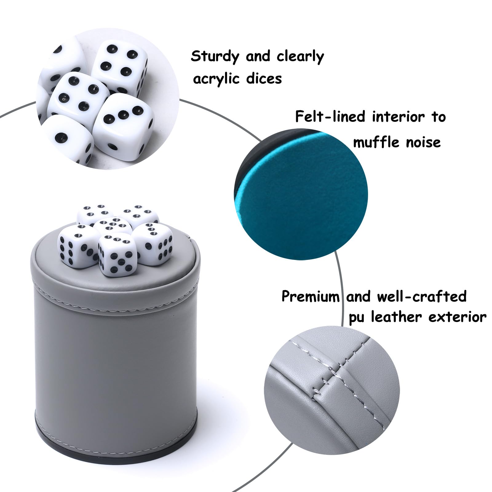 Würfelbecher aus PU-Leder, mit Filzfutter, leiser Shaker mit 30 Punkten für Bar, Party, Yahtzee Farkle Würfelspiele, Grau, 5 Stück