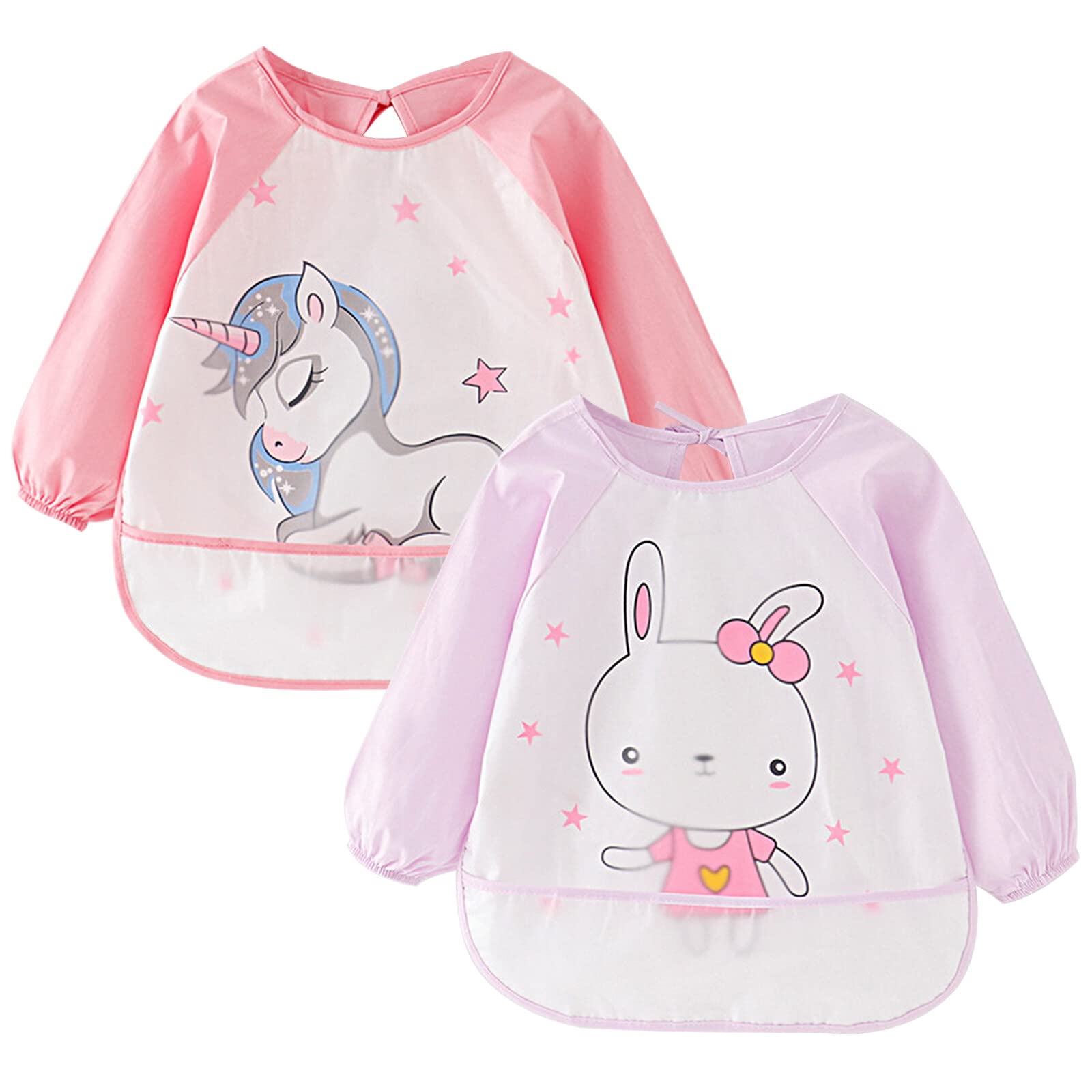 Lvjkes lätzchen mit ärmeln, ärmellätzchen baby, 2 Pack wasserdichte Baby-Lätzchen mit langen Ärmeln und einer Tasche zum Auffangen von Lebensmitteln für Kleinkinder von 2-4 Jahren, Rosa und Violet