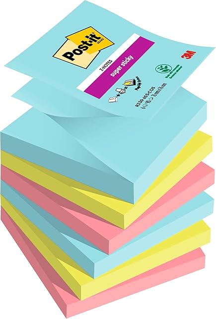 Post-it Super Sticky Z-Notes, Cosmic Colour Collection, 76 mm x 76 mm, 90 Sheets/Pad, 6 Pads/Pack