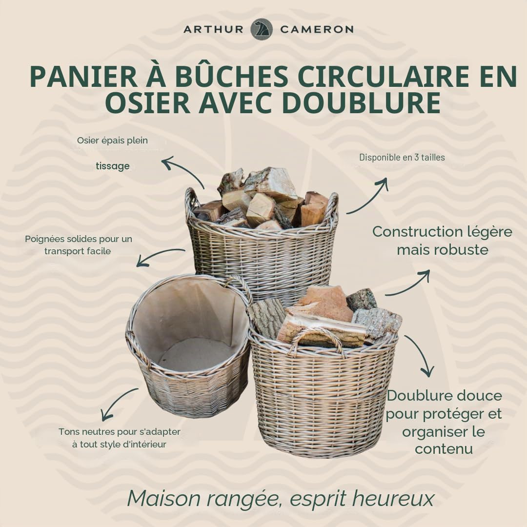 Panier circulaire rond en osier avec doublure et poignées (moyen, naturel)