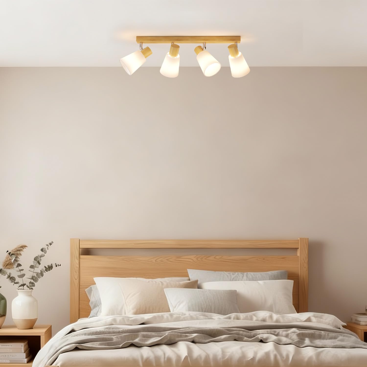 LVWIT Lámpara de Techo 4 Focos Orientables de Madera, Plafón Giratorio para E14, Retro para Cocina, Pasillo, Salón o Dormitorio – Bombillas No Incluidas