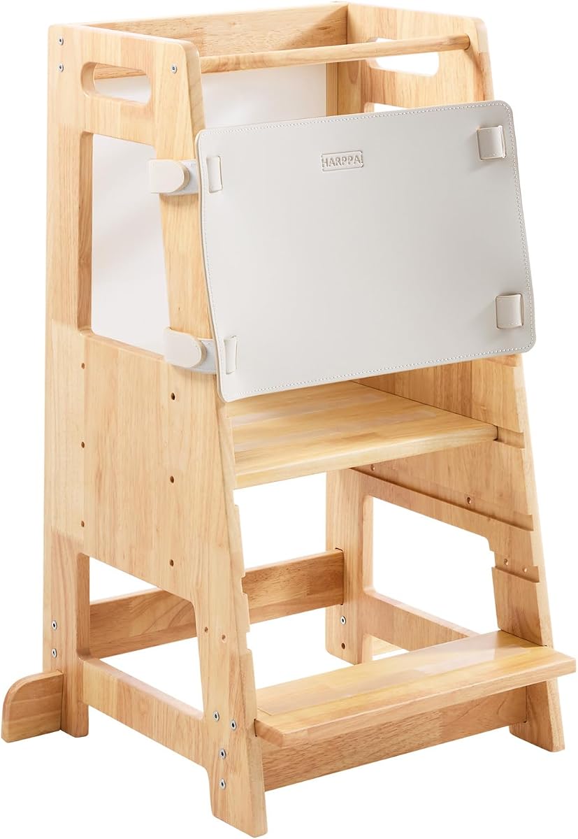 HARPPA Nordo Torre para niños pequeños con pizarra, ayuda para aprender en la cocina, natural | Taburete para niños pequeños, red de protección extraíble, tiras antideslizantes, barandilla de seguridad, 3 alturas ajustables, probado por ASTM