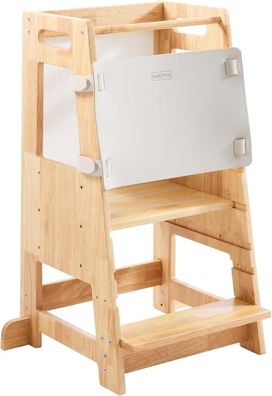 HARPPA Nordo Torre para niños pequeños con pizarra, ayuda para aprender en la cocina, natural | Taburete para niños pequeños, red de protección extraíble, tiras antideslizantes, barandilla de seguridad, 3 alturas ajustables, probado por ASTM