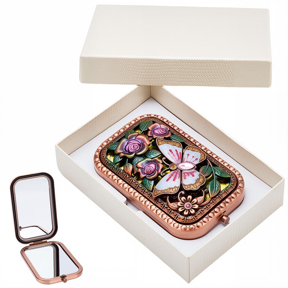 SOFPLATE Vintage Foldable Compact Makeup Mirror Pocket Makeup Mirror with Normal and Magnifying Glass Double Sided Butterfly Rose Pocket Retro Vanity Flower Pattern Mini Vanity for Women Travel Gift โ image 1