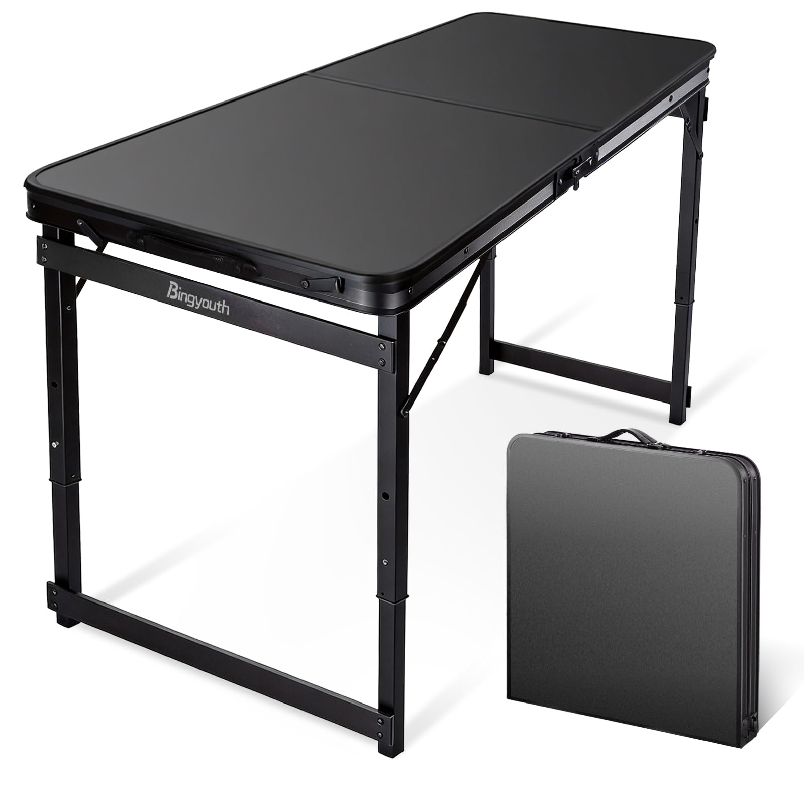 Bingyouth 4ft Folding Table 120x60cm, 3-Height Adjustable (53/62/70cm) Portable Garden Picnic Table for 4, Lightweight with Carry Handle for Outdoor BBQ & Parties, Sturdy Easy-Clean Top, Black