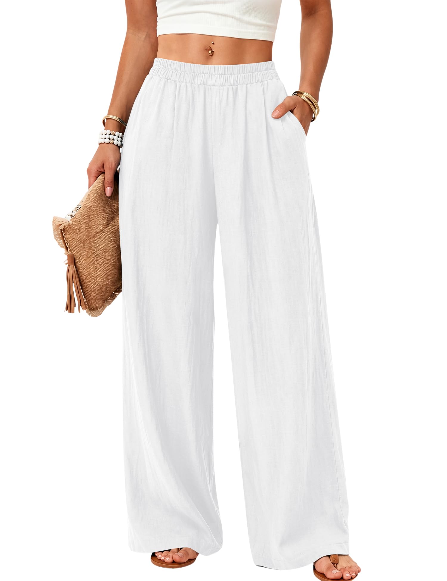 Rapbin Leinenhose Damen Sommer Sommerhose Damen Leicht Stoffhose Damen mit weitem Bein Luftige Strandhose Lässige Freizeithose Elegant Einfarbig mit Taschen