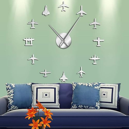Miniatura 3 de Flying Plane Fighter Jet - Reloj de pared grande sin marco, estilo acrílico, efecto espejo, adhesivo, avión, silencioso, cuarzo, aviador, decoración