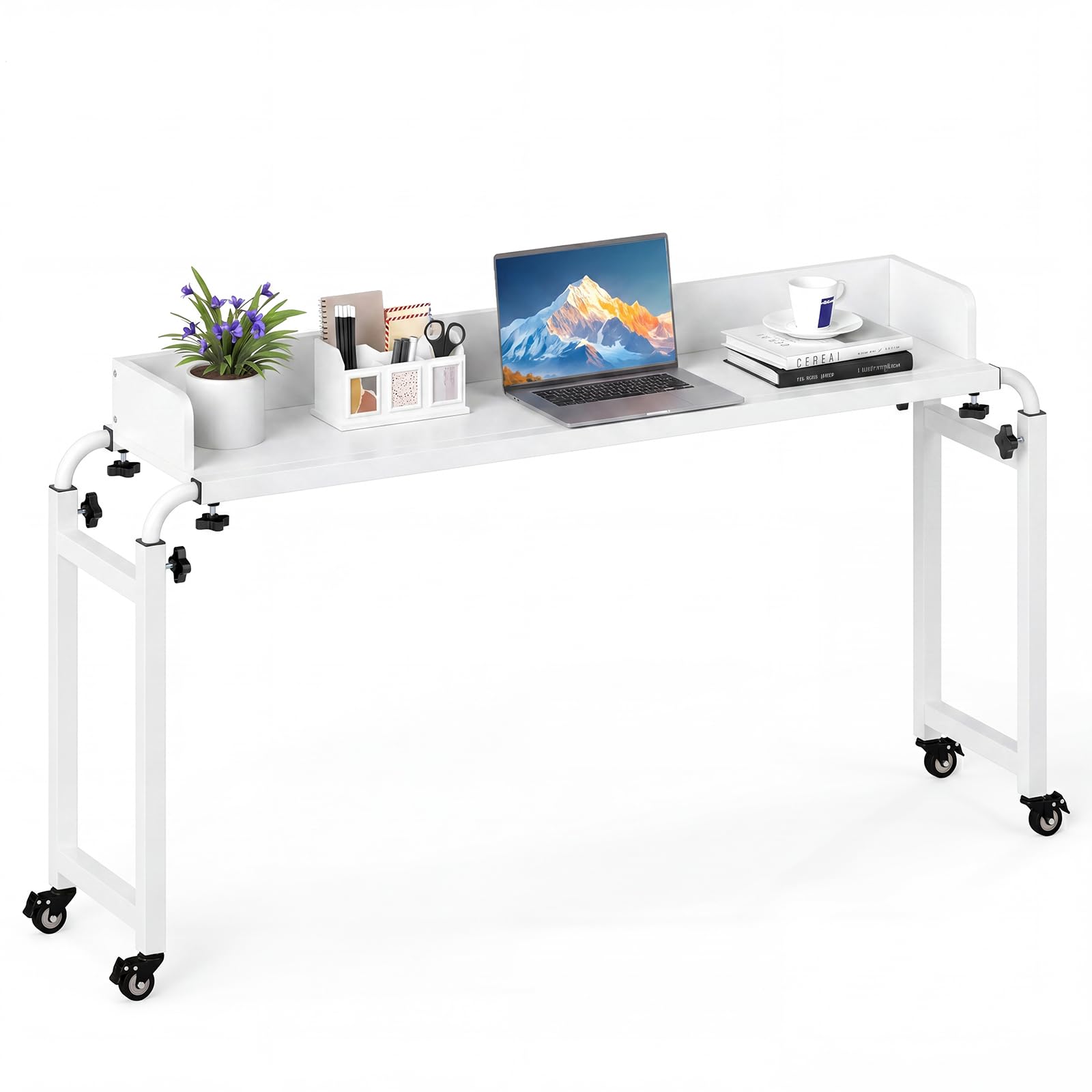 COSTWAY Table de lit Roulant, Bureau Mobile au-Dessus du Lit Hauteur(73,5 à 102 cm) et Longueur(135,5 à 206 cm) Réglable, Table d'appoint pour Ordinateur, pour Chambre, Canapé, Hôpital (Blanc)