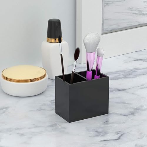 Miniatura 4 de NIUBEE Soporte acrílico para bolígrafo, 2 compartimentos, organizador de lápices negro para encimera, almacenamiento de accesorios de escritorio