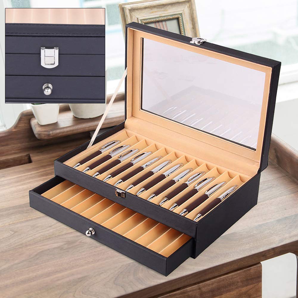 Meeden Sakura - Portapenne in legno con 24 scomparti, colore nero, 30,5 x 20 x 9,5 cm, coperchio trasparente, 2 livelli con cassetto