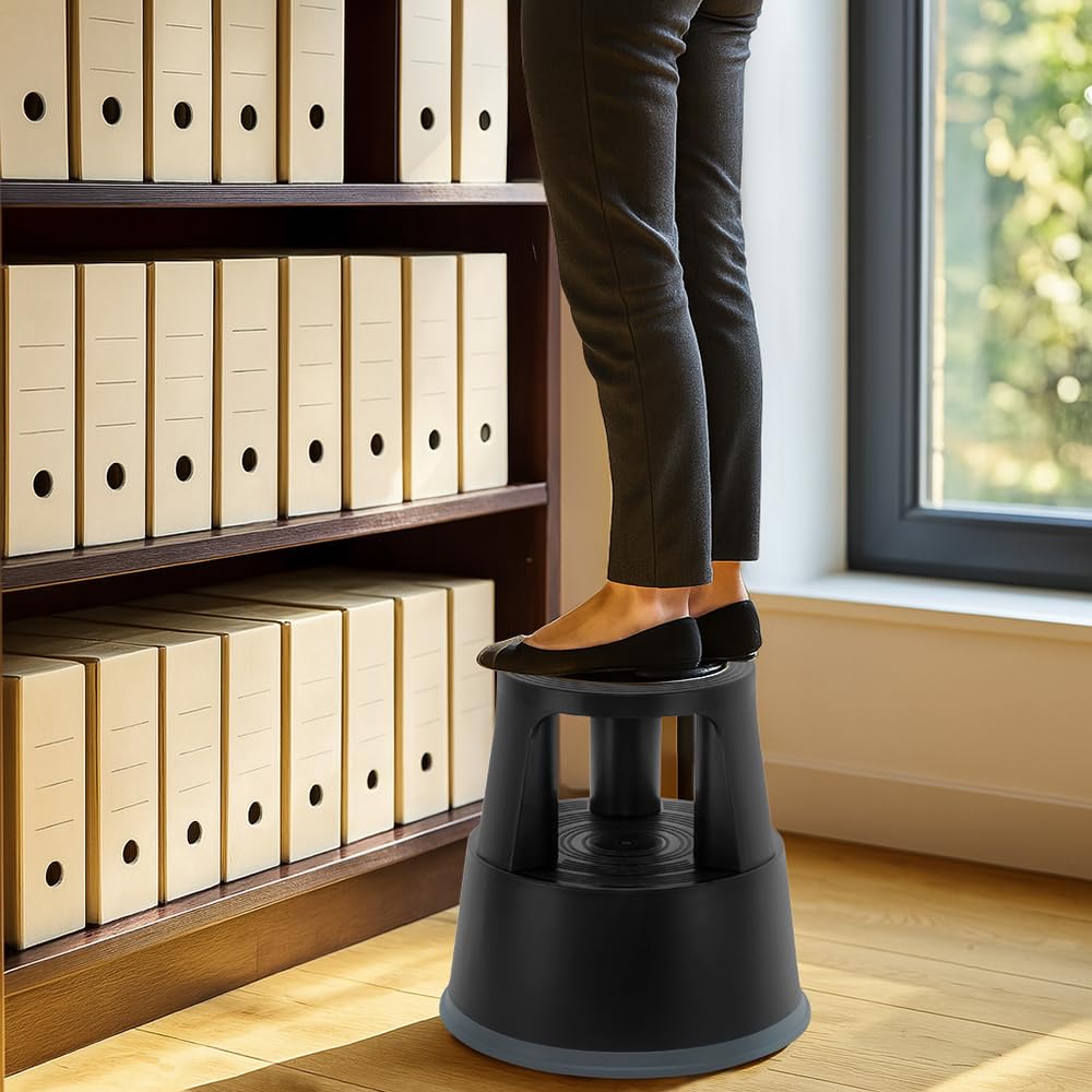 Marchepied Tabouret Mobile à roulettes avec Blocage Automatique – 2 marches antidérapantes Hauteur 43 cm, Plastique renforcé incassable, Charge 150 kg, Noir Certifié TUV - GS