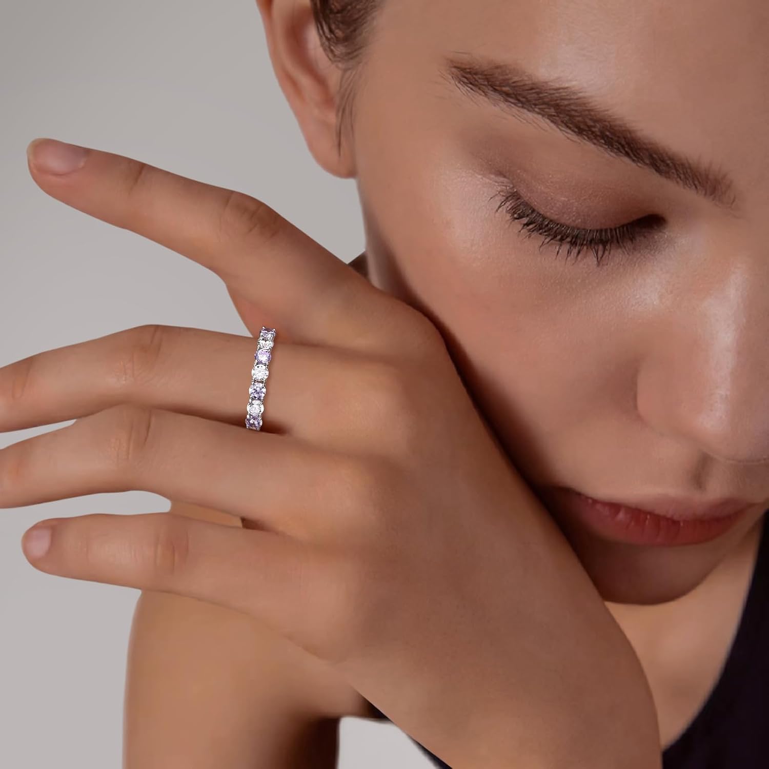 Sterling Silver Birthstone Rings for Women Wedding Bands, 3.5mm Half Eternity Band 7 Stone Anniversary Ring, 12 Month Gemstone Stackable Rings Size 6-10
