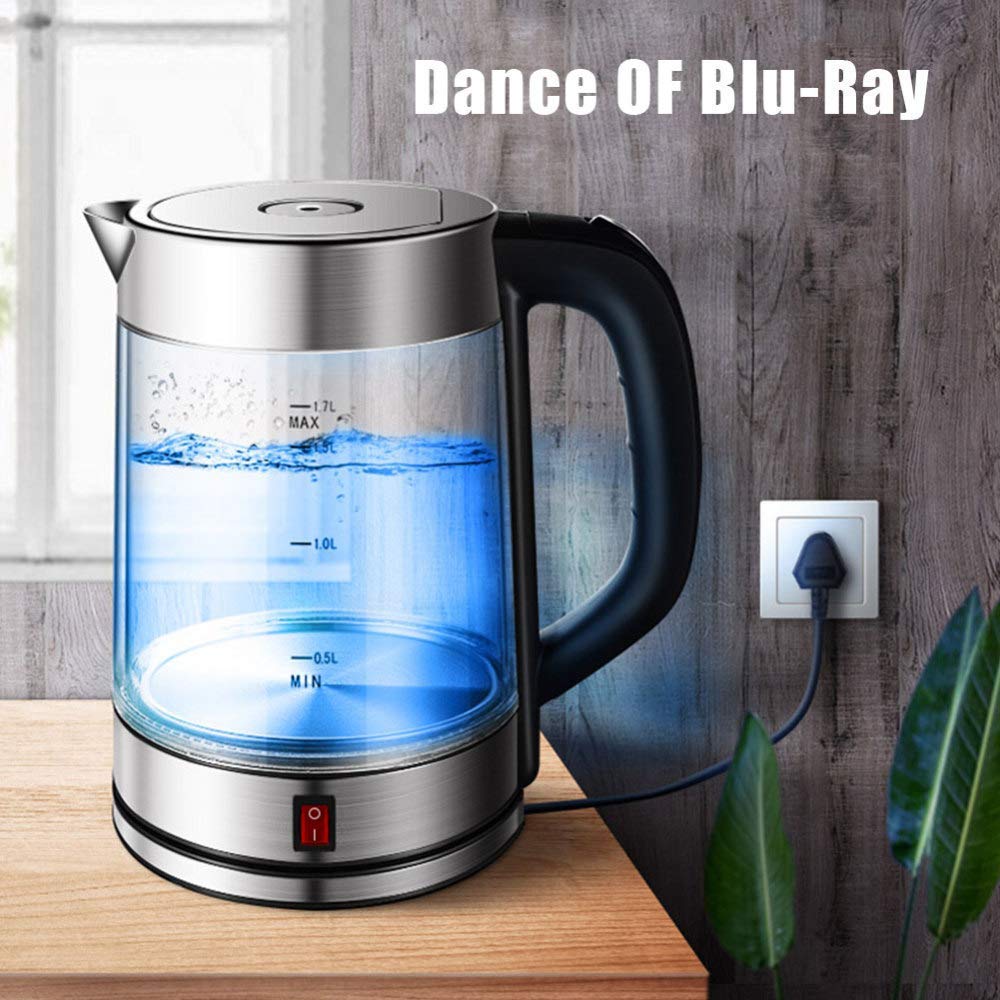 -Bollitore elettrico in vetro borosilicato, bollitore ecologico da 1,7 litri con LED illuminato, senza BPA, bollitore senza fili con coperchio e fondo interni in acciaio inossidabile, spegnimento