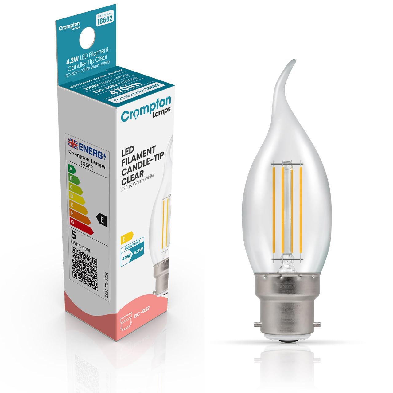 Crompton Lamps Bent-Tip Candle LED Light Bulb BC-B22d | 4.2W = 40W Equivalent | Warm White 2700K | Flame Tip | Bayonet Lightbulb | Long Life 15,000-Hrs | Clear Glass