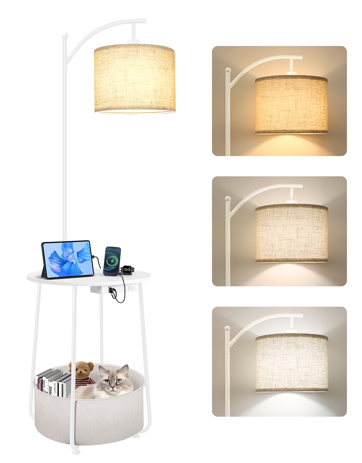 OUTON Lampara de Pie con Mesa Redonda, Mesas Auxiliares Laterales con Estación de Carga (USB y Type-C), 3 Temperaturas de Color, Mesita de Noche con Cesta de Tela para Dormitorio, Sala, Blanco