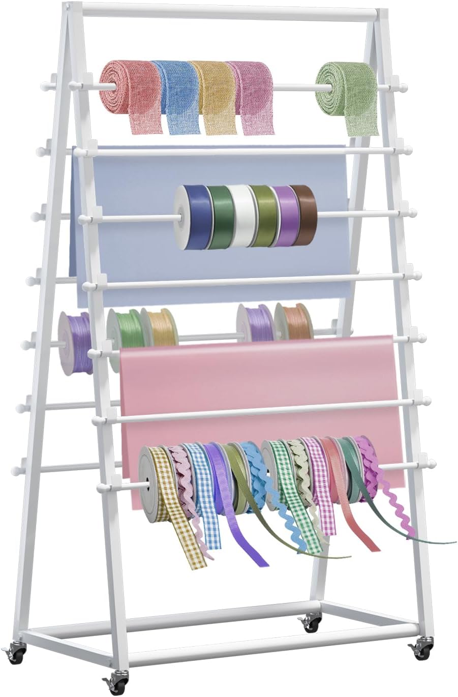 ribbon organizer,15 tier metal vinyl rolls holder,double-sided christmas gift wrapping craft ribbon storage shelf for craft room cake shop flower store,tie scarf rack belt towel holder white