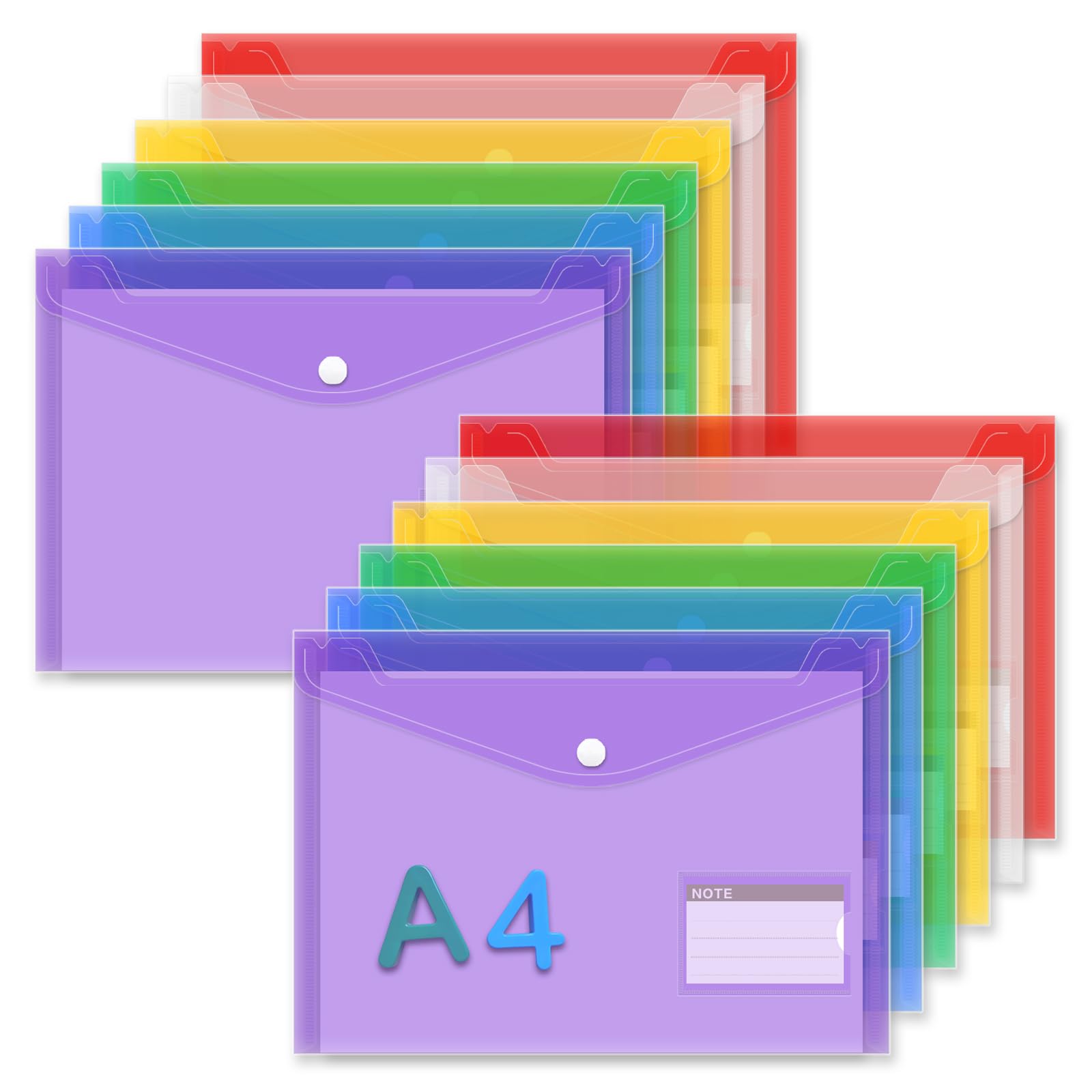 12Pack A4+ Plastic Wallets, A4 Documents Popper Wallet File Folders