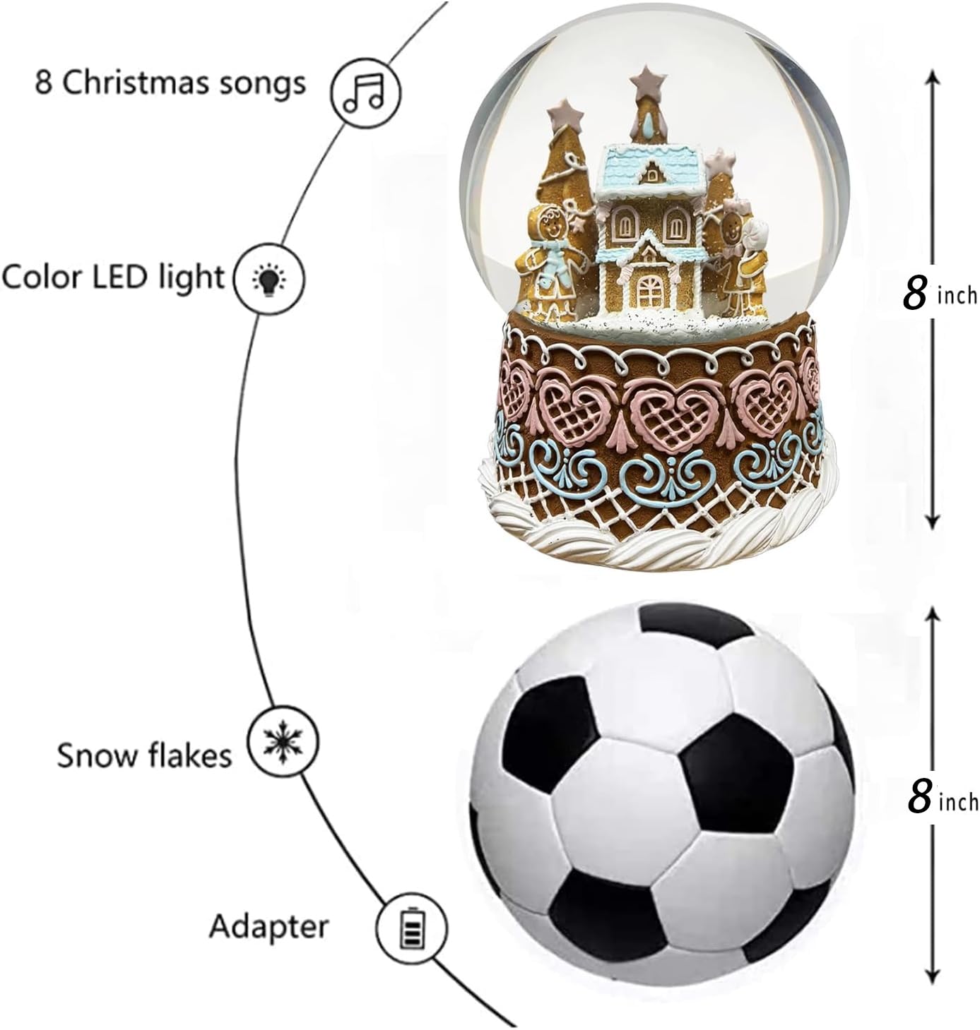 Aobaks Christmas Snow Globe, 150mm Gingerbread House Christmas Oversized Resin Lighted Musical Snowflakes Snowglobes, Color Changing Illuminated Water Globe?Musical Gingerbread Decor with Adapter.