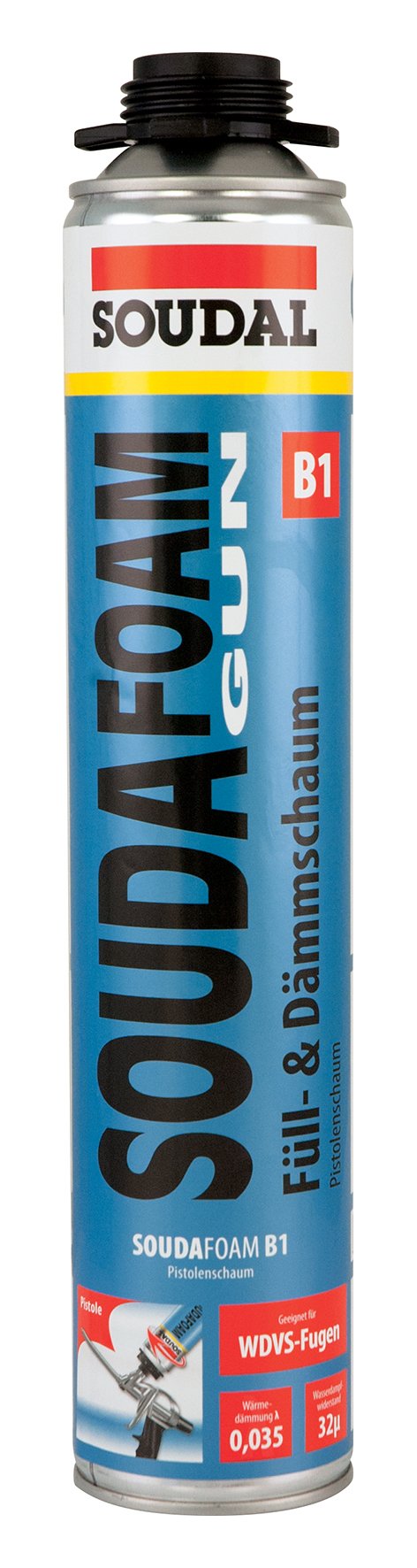 Soudal SOUDAfoam Gun B1 (profesjonalna pianka pistoletowa), o bardzo dobrej izolacji cieplnej oraz doskonałej stabilności kształtu, kolor: niebieski, puszka: 750 ml