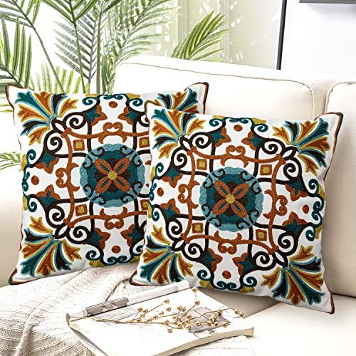 Image of Alysheer Floral Embroidered Fall Decorative Throw Pillow Cover 18"x 18" Set of 2, Boho Farmhouse Embroidery Patterned Orange Teal Cushion Case for Sofa Couch Living Room Bedroom Outdoor