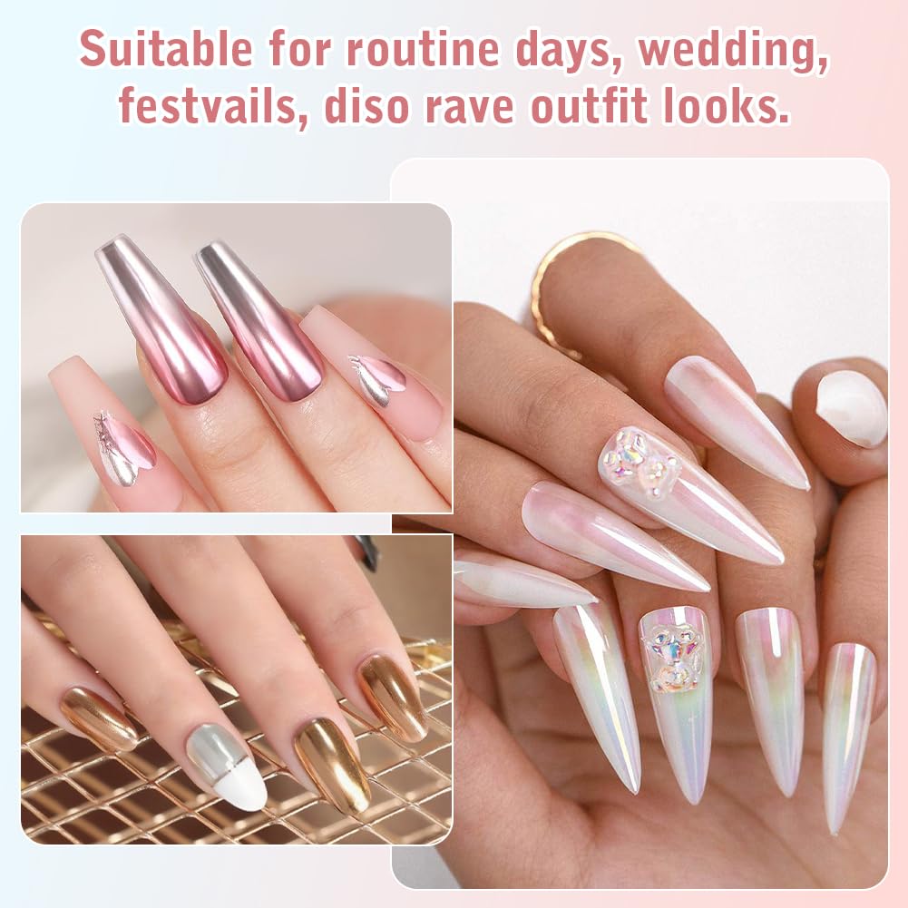 Chrome Ongle Nacrée, 2Pcs Poudre Chrome, Poudre ongle Effet Perle Glitzerpuder, poudre de Paillettes Aurora Transparente, pour Glazed Donut Nails, Pearl Shimmer Nails
