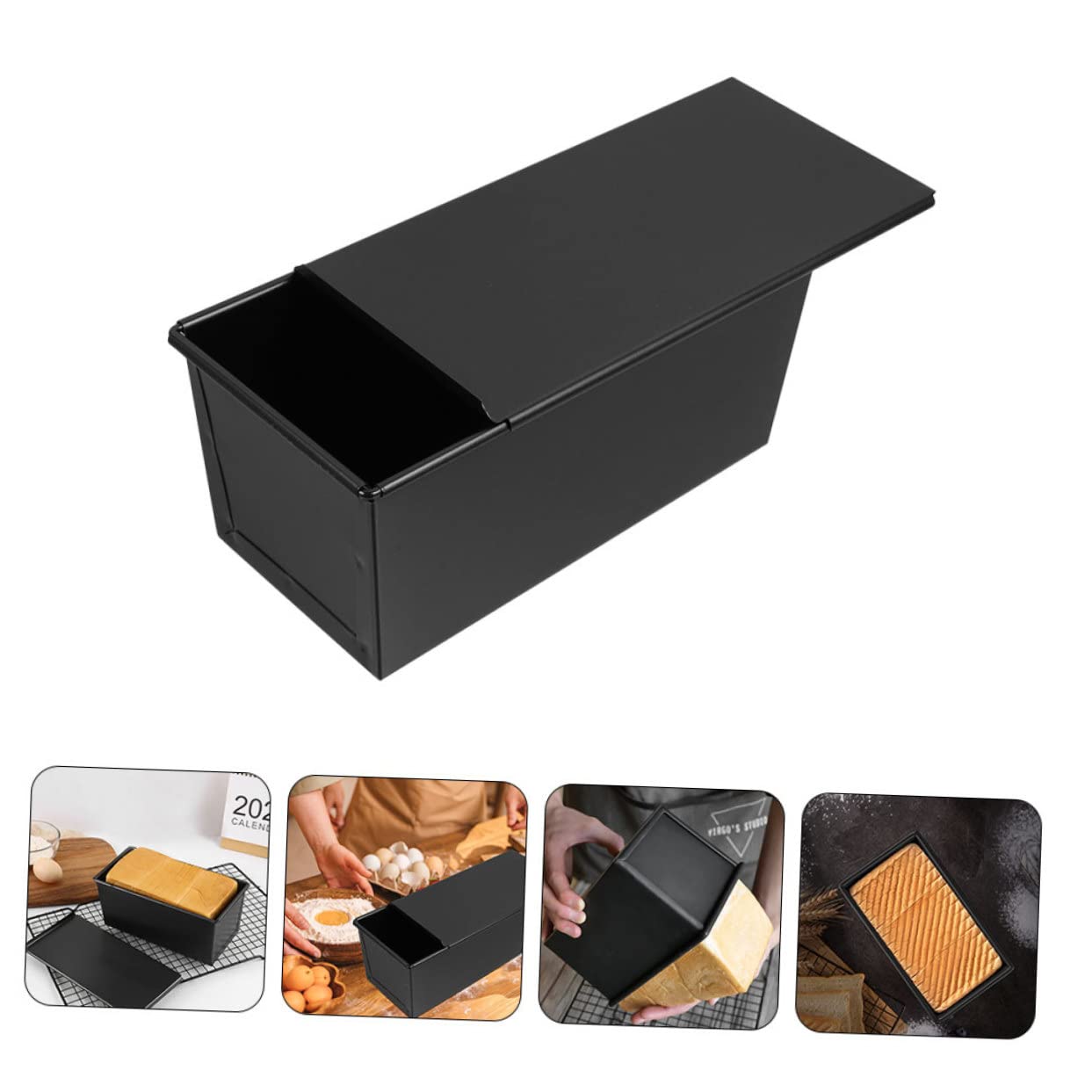 IMIKEYA Molde para Hornear Tostadas Tapa Deslizante, Acero al Carbono Negro Recubrimiento Antiadherente y Bordes Redondeados para Pan Casero